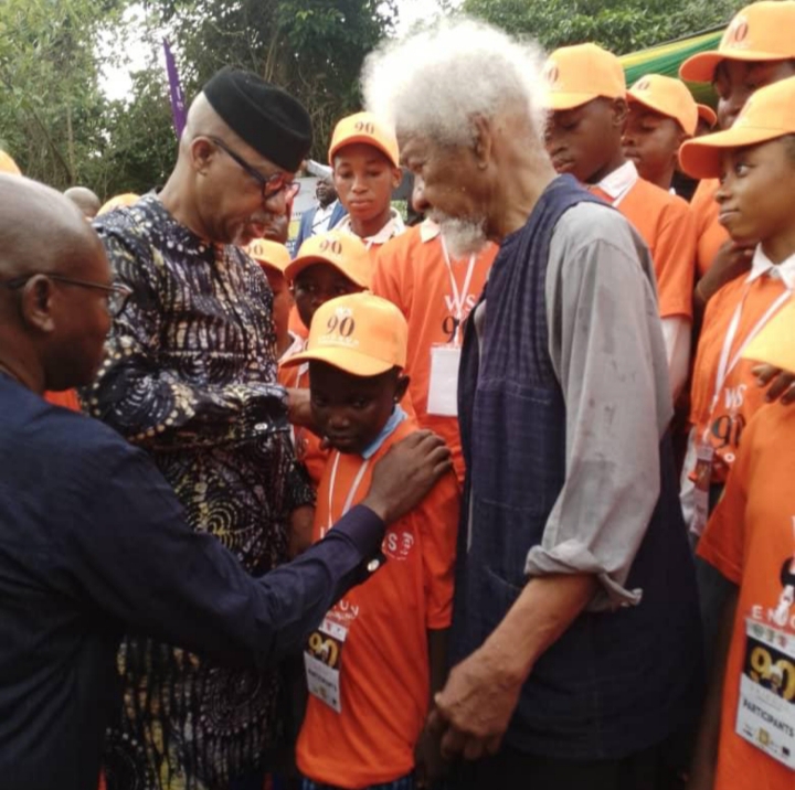 Governor of Ogun State, Dapo Abiodun (left) and Prof. Soyinka, with some of the participants in the essay writing competition last year.