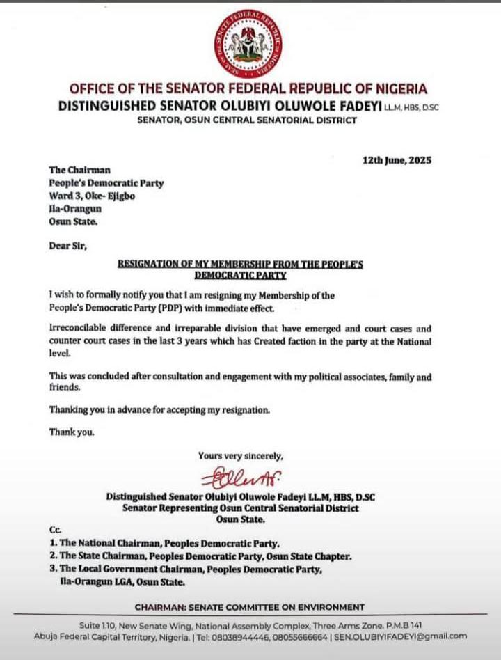 Senator Fadeyi's resignation letter