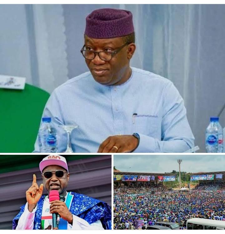 Dr Kayode Fayemi, top, Governor Biodun Oyebanji, bottom left and the APC endorsement rally in Ado Ekiti