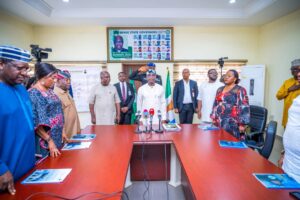 Gov. Alia, centre, during the official presentation and inspection visit of the Natural Resources Development Fund (NRDF) Grant Report by delegations of the Benue State Government and the Revenue Mobilisation Allocation and Fiscal Commission