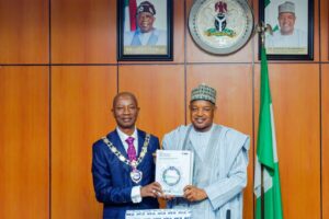 President, Institute of Chartered Accountants of Nigeria, Dr Haruna Yahaya (left) and Minister of Budget and Economic Planning, Senator Abubakar Bagudu, during the courtesy visit by the institute to the minister in Abuja on Thursday, 15/08/25 PHOTO: FMBEP
