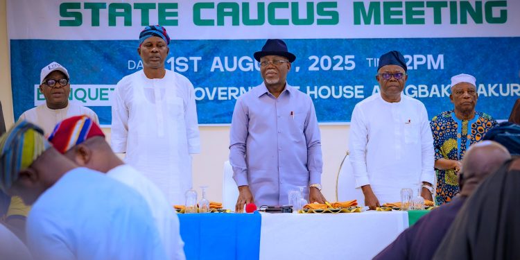 From Left: Dr. Taiwo Fasoranti (SSG), Ade Adetimehin (APC Chairman), Dr. Lucky Orimisan Aiyedatiwa (Governor), Dr. Olayide Adelami (Deputy Governor) and Alhaji Ali Olanusi (Party Leader)
