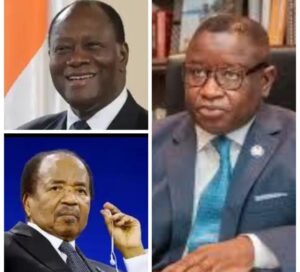 Presidents Alassane Dramane Ouattara of Côte d'Ivoire, top left, Maada Bio, Sierra Leone (ECOWAS Chairman) right, and Paul Biya of Cameroon