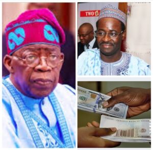 President Bola Tinubu, left, Tanimu Yakubu, top right and Naira and Dollar bills