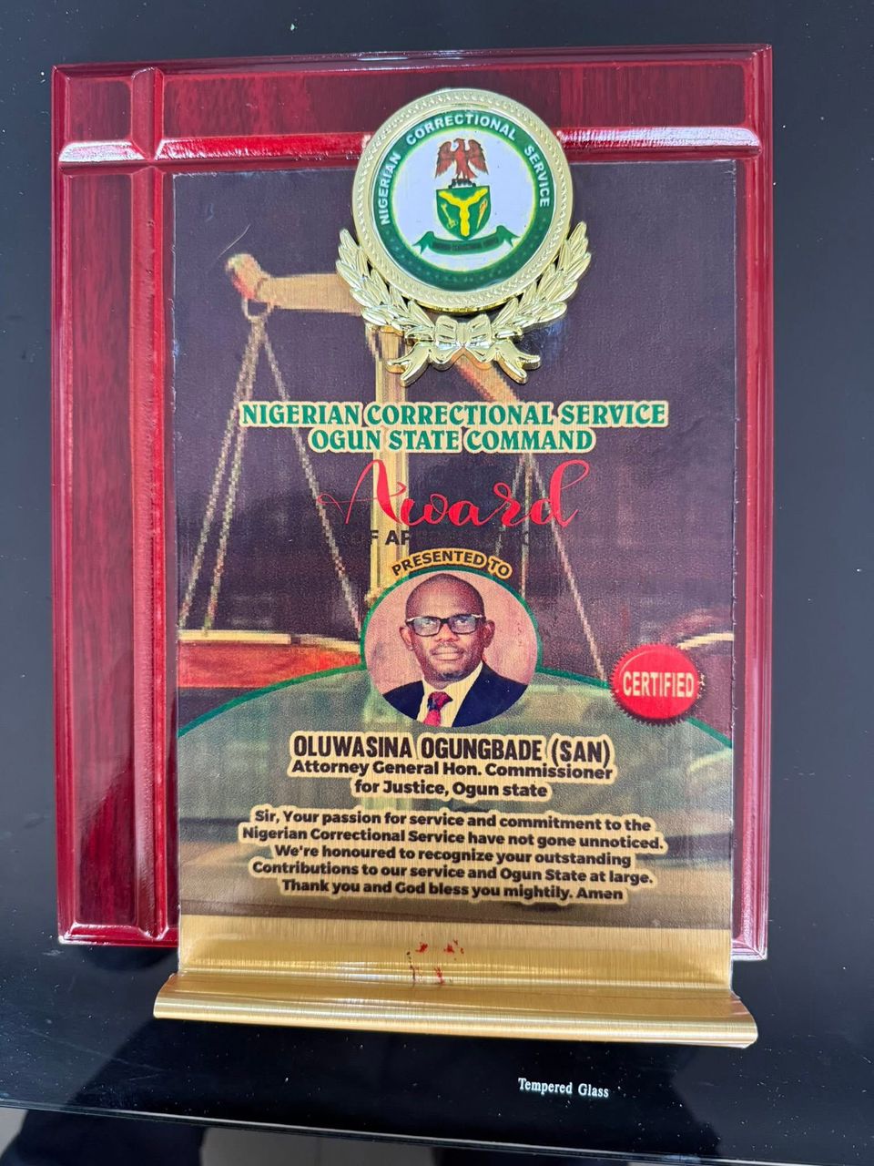 The award plaque