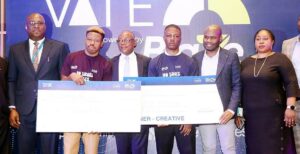 Local Corporate, Commercial and Consumer Banking, Ecobank Nigeria, Otega Odjegba; CEO, Afrimetrics/Winner, Stem category, Micah Erumaka; Executive Director, Commercial And Consumer Banking, Ecobank Nigeria, Kola Adeleke; Founder, ISIO, Winner of Creative category, Adeoye Samuel Adeboye; Founding Partner, Ven Capital/Judge, Henry Ogbuagu; and Head, Retail Commercial and Consumer Banking, Ecobank Nigeria, Eya Rose at the Grand Finale of Ecobank InnovateX Challenge held at Ecobank Pan African Center (EPAC), Lagos