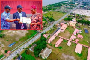 Aerial view of the newly reconstructed and upgraded network of roads in Badagry, officially commissioned by Governor of Lagos State, Mr. Babajide Sanwo-Olu, on Wednesday, 06 August, 2025. INSET (l-r): Special Adviser to the Governor on Infrastructure, Engr. Olufemi Daramola; Governor of Lagos State, Mr. Babajide Sanwo-Olu handing over a certificate of ownership to Badagry CDC representative during the official commissioning.