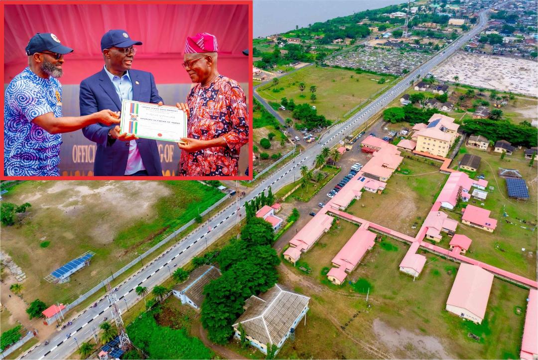 Aerial view of the newly reconstructed and upgraded network of roads in Badagry, officially commissioned by Governor of Lagos State, Mr. Babajide Sanwo-Olu, on Wednesday, 06 August, 2025. INSET (l-r): Special Adviser to the Governor on Infrastructure, Engr. Olufemi Daramola; Governor of Lagos State, Mr. Babajide Sanwo-Olu handing over a certificate of ownership to Badagry CDC representative during the official commissioning.