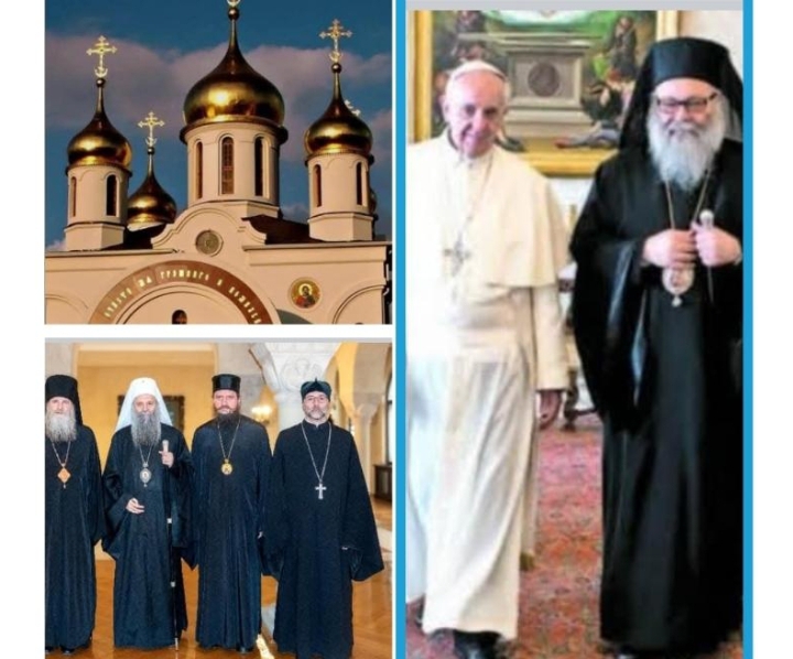 Photos showing a Catholic Pope in white and Eastern Orthodox Patriarchs on black robes