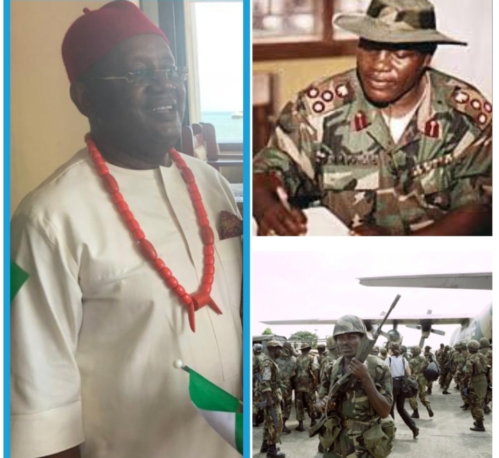 Chief Tony Chinyere, left. He was using his helicopter services to ferry ECOMOG military personnel (bottom right) to the war zones at free costs, left, and the late Late Gen Khobe 