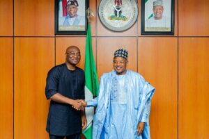 United Nations Industrial Development Organisation (UNIDO) Representative and Regional Director, Mr Philbert Johnson (left), and Minister of Budget and Economic Planning, Senator Abubakar Bagudu, during a courtesy visit by a UNIDO delegation to the minister in Abuja over the weekend. PHOTO: FMBEP