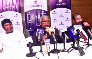 L-R: Chairman, FBN Holdings Plc, Femi Otedola; President/CE, Dangote Industries Limited Aliko Dangote; Vice President, Oil & Gas, Dangote Industries Limited, Devakumar Edwin, at the World Press Conference by Dangote on the expansion of Dangote Petroleum Refinery and Petrochemicals from 650,000bpd to 1.4M bpd in Lagos on Sunday, October 26, 2025.