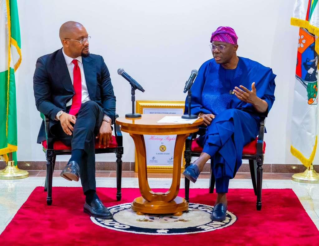 L-R: Director General/CEO, Small & Medium Enterprises Development Agency of Nigeria (SMEDAN), Mr. Charles Odii with Governor of Lagos State, Mr. Babajide Sanwo-Olu during a courtesy visit at the Lagos House, Marina, on Monday, October 13, 2025.