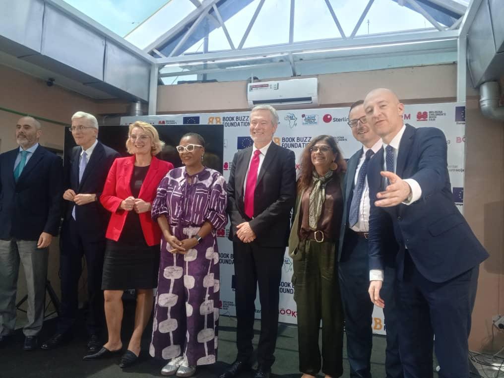 Lola Shoneyin and Gautier Mignot flanked by members of the EU Delegation to Nigeria and West Africa.