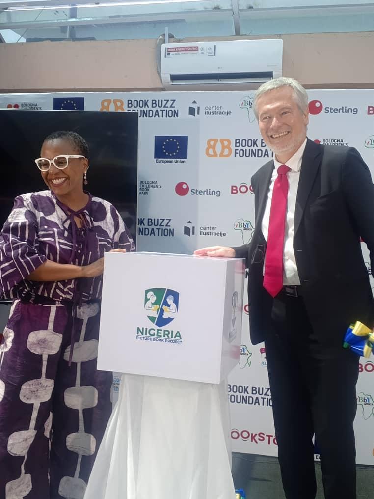 Lola Shoneyin and Gautier Mignot unveiling the Nigeria Picture Book Project