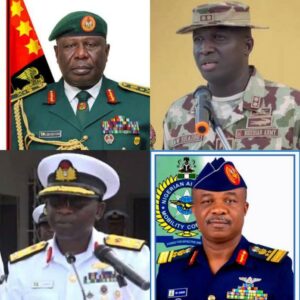 General Olufemi Oluyede, the new Chief of Defence Staff, top left; Major-General W. Shaibu, Chief of Army Staff: Air Vice Marshal S.K. Aneke, Chief of Air Staff; and Rear Admiral I. Abbas assumes office as Chief of Naval Staff