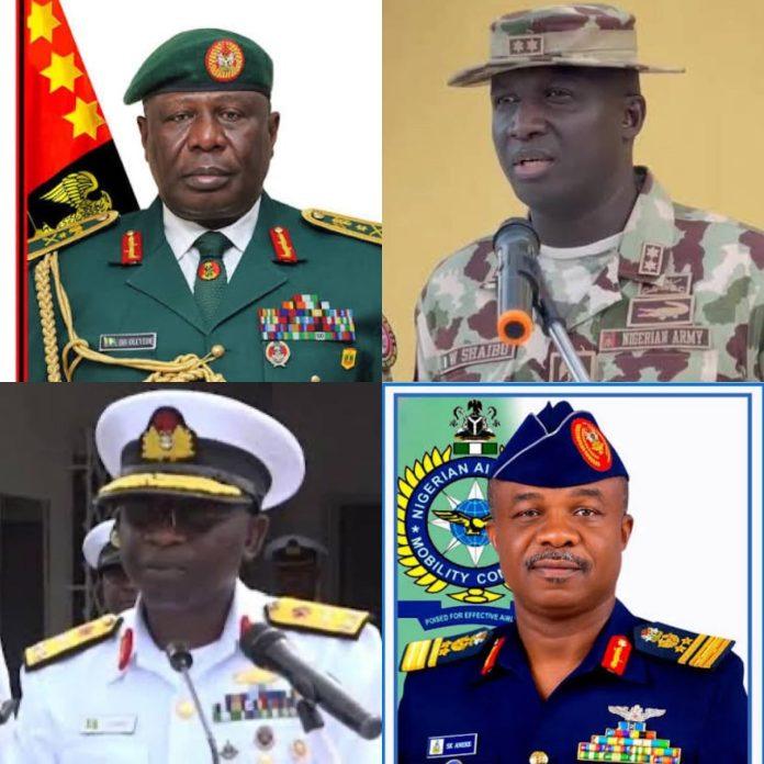 General Olufemi Oluyede, the new Chief of Defence Staff, top left; Major-General W. Shaibu, Chief of Army Staff: Air Vice Marshal S.K. Aneke, Chief of Air Staff; and Rear Admiral I. Abbas assumes office as Chief of Naval Staff