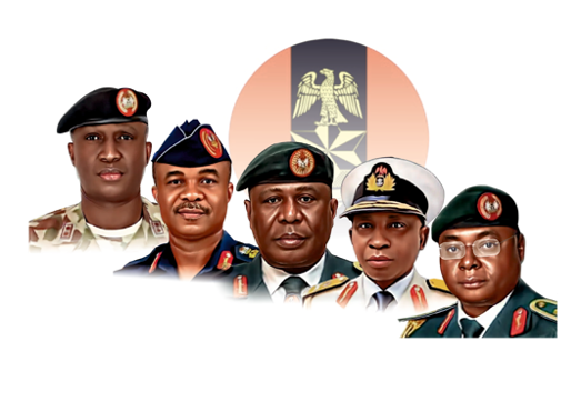 From left: Major-General W. Shaibu, Chief of Army Staff; Air Vice Marshal S.K. Aneke, Chief of Air Staff; General Olufemi Oluyede, the new Chief of Defence Staff, top left; and and Rear Admiral I. Abbas, Chief of Naval Staff;The Chief of Defence Intelligence, Major-General E.A.P. Undiendeye
