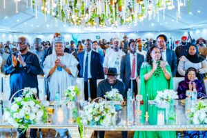 L-R: Former President of Sierra Leone, Dr Ernest Bai Koroma; VP Sherttima; Former President Jonathan; former First Ladies, Dame Patience Jonathan and Hajiya Maryam Abacha during the 10th anniversary dinner of the Goodluck Jonathan Foundation in Abuja