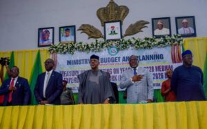 L-R: Ogun State Head of Service, Mr Kehinde Onasanya; Secretary to the State Government, Mr Tokunbo Talabi; Governor Dapo Abiodun; Commissioner for Finance and Chief Economic Adviser, Mr Dapo Okubadejo and Commissioner for Budget and Planning, Mr Olaolu Olabimtan, during the Treasury Board Meeting on Year 2025-2028 Medium Term Expenditure Framework and the 2026 budget held at the Oba's Complex, Oke-Mosan, Abeokuta on Wednesday.