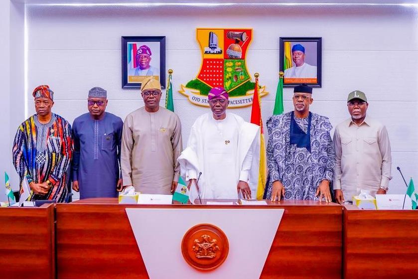 L-R: Governors Ademola Adeleke (Osun) represented by his deputy, Kola Adewusi; Biodun Oyebanji (Ekiti); Seyi Makinde (Oyo); Babajide Sanwo-Olu (Lagos); Dapo Abiodun (Ogun) and Lucky Aiyedatiwa (Ondo) during the South-West Governors Forum meeting, at the Oyo State Governor’s Office in Agodi, Ibadan, on Monday, November 24, 2025.