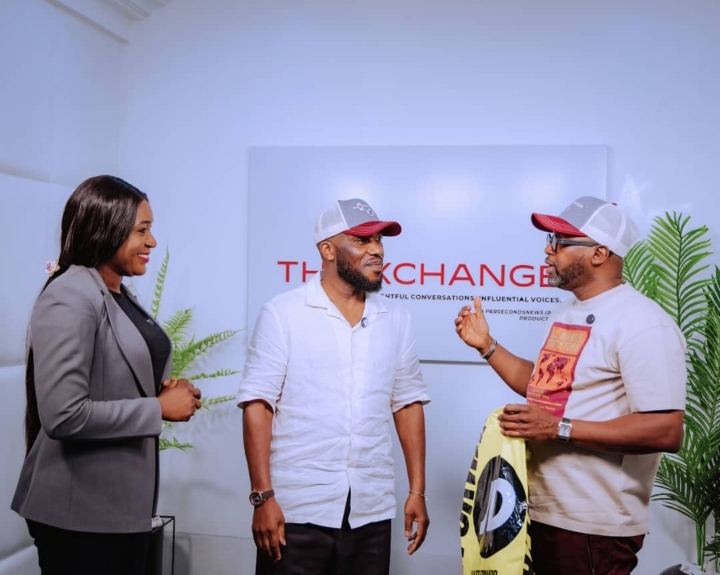 Jay-Jay Okocha, Exchange Podcast's Femi Soneye and one of the hosts