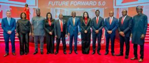 L-R: Executive Vice President, CNN International Commercial, Phil Nelson; Founder & CEO, Beyond Limits Africa and Non-Executive Director, Zenith Bank, Dr. Juliet Ehimuan; Managing Director/CEO, NIBSS, Premier Oiwoh; Executive Director, Zenith Bank, Mrs. Adobi Nwapa; Founder & Chairman, Zenith Bank, Jim Ovia, CFR; Governor of Lagos State, Mr. Babajide Sanwo-Olu; Group Managing Director/CEO, Zenith Bank, Dame Dr. Adaora Umeoji, OON; Executive Director, Zenith Bank, Mr. Akin Ogunranti; Executive Director, Zenith Bank, Mr. Louis Odom; Executive Director, Zenith Bank, Mr. Adamu Lawani; and Director, Information Technology Infrastructure Solutions, NITDA, Mr. Oladejo Olawumi during the Zenith Bank Tech Fair Future Forward 5.0 held at the Eko Convention Centre, Eko Hotels & Suites, Victoria Island, Lagos, recently.