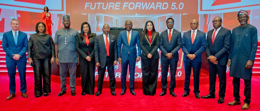 L-R: Executive Vice President, CNN International Commercial, Phil Nelson; Founder & CEO, Beyond Limits Africa and Non-Executive Director, Zenith Bank, Dr. Juliet Ehimuan; Managing Director/CEO, NIBSS, Premier Oiwoh; Executive Director, Zenith Bank, Mrs. Adobi Nwapa; Founder & Chairman, Zenith Bank, Jim Ovia, CFR; Governor of Lagos State, Mr. Babajide Sanwo-Olu; Group Managing Director/CEO, Zenith Bank, Dame Dr. Adaora Umeoji, OON; Executive Director, Zenith Bank, Mr. Akin Ogunranti; Executive Director, Zenith Bank, Mr. Louis Odom; Executive Director, Zenith Bank, Mr. Adamu Lawani; and Director, Information Technology Infrastructure Solutions, NITDA, Mr. Oladejo Olawumi during the Zenith Bank Tech Fair Future Forward 5.0 held at the Eko Convention Centre, Eko Hotels & Suites, Victoria Island, Lagos, recently.