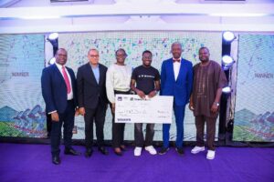 From left: Divisional Head, Agribusiness and Non-Oil Exports, First City Monument Bank (FCMB), Mr. Kudzai Gumunyu; Divisional Head, Business Banking, Mr. George Ogbonnaya; Managing General Partner, AfriGloCal Venture Capital, Mope Abudu; grand prize winner of the FCMB Agritech Hackathon 2025, Favour Adeleke of Qiqi Farms; Adjunct Professor of Agribusiness at the Lagos Business School, Dr. Jide Adedeji and CEO, Agrimedia Group, Mr. Femi Abioye, at the grand finale and presentation of cheques to winners of the Agritech Hackathon organised by FCMB in partnership with the Dutch Entrepreneurial Development Bank (FMO) and HeaveVentures. The event took place in Lagos recently.