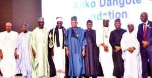 L-R: Kano State Governor, Abba Kabir Yusuf; Gombe State Governor, Muhammadu Inuwa Yahaya; Nasarawa State Governor, Abdullahi Sule; Vice President of Federal Republic of Nigeria, Kashim Shettima; Chairman Steering Committee, ADF Scholarship Programme; Justice Sidi Bage, JSC; Chairman, Aliko Dangote Foundation, Aliko Dangote; Ooni of Ife, Oba Adeyeye Enitan Ogunwusi (Ojaja II); Chairman, BUA Group, Abdulsamad Rabiu; Deputy Governor of Kaduna State, Hadiza Balarabe; Lagos State Governor, Babajide Sanwo-Olu, at the launching of Aliko Dangote Foundation (ADF) N100 Billion Education Scholarship Initiative nationwide in Lagos on Thursday, December 11, 2025