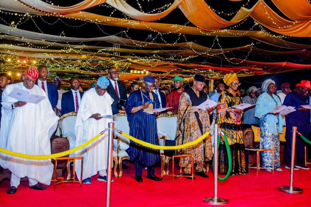 From left, former Governor Osoba, former President Obasanjo, Governor Abiodun and others
