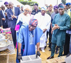 Governor of Lagos State, Mr. Babajide Sanwo-Olu performing the ground breaking of Lagos State Security Trust Fund, LSSTF Office complex. Behind him from right: Deputy Governor of Lagos State, Dr. Obafemi Hamzat; Executive Secretary/CEO, LSSTF, Dr. Ayodele Ogunsan; Philanthropist, Chief Adebutu Kessington; his wife, Kofoworola and Board Chairman of LSSTF, Mr. Kehinde Durosinmi-Etti during the ceremony at CBD, Alausa, Ikeja, on Monday, December 22, 2025.