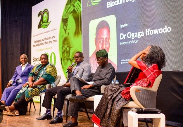 From left, Sam Omatseye, Dr Bisi Ayandike, Dr Ogaga Ifowodo, Kunle Ajibade, and Professor Gopal