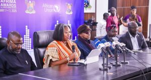 President, All Africa Music Awards, AFRIMA, Mr. Mike Dada; Lagos State Commissioner for Tourism, Arts & Culture, Mrs. Toke Benson-Awoyinka; AFRIMA Jury-in-charge, Mr. Olisa Adibua; Commissioner for Information and Strategy, Mr. Gbenga Omotoso and Special Adviser to the Governor on Media and Publicity, Mr. Gboyega Akosile during a press