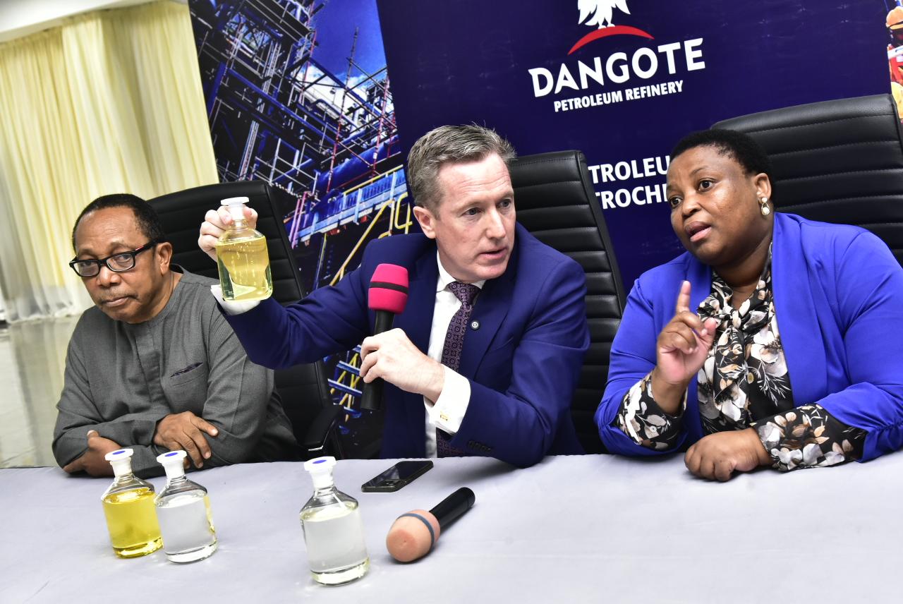L-R, Group Chief Brand & Communications Officer, Dangote Industries Limited, Anthony Chiejina; : Dangote Petroleum Refinery, Managing Director/ CEO, David Bird; Dangote Petroleum Refinery Head Economic Scheduling and Planning, (EPS), Lindelani Zondi; During the Press Conference on the State of Dangote Petroleum Refinery in Lekki Lagos on Wednesday, 4th February 2026.