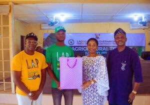 L-R: Director, Lagos Food Production & Entrepreneurial Center, Badagry, Dr. Gbolahan Saba; Top Performance Cohort 26 Trainee, Lawal Ademola Hammed; Director, Agricultural Training Institute, Araga, Epe, Folake Ogunlana-Lawal and Head of Training Unit, Agricultural Training Institute, Araga, Epe, Mr. Adesola Odofin.