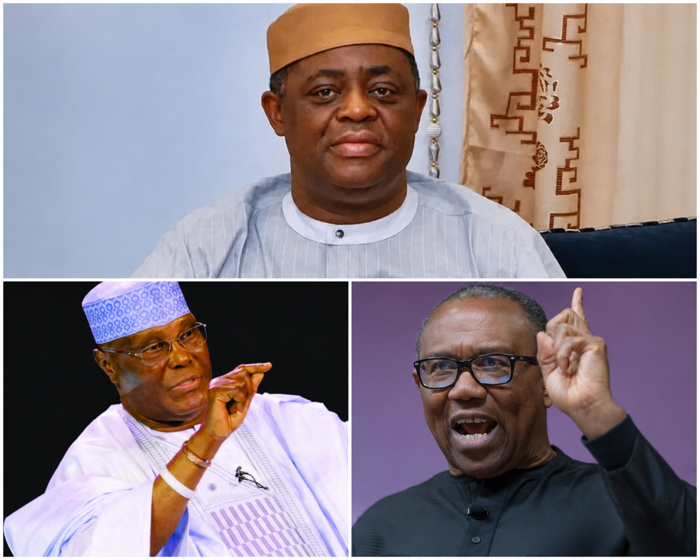 Chief Femi Fani-Kayode, top, Atiku Abubakar, botttom left, and Peter Obi