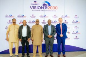 L-R: Group Vice President, Oil & Gas, Dangote Industries Limited, Devakumar Edwin; Chairperson, Government Employees Pension Fund (GEPF), Frans Baleni; President/Chief Executive, Dangote Industries Limited, Aliko Dangote; Deputy Chairperson, Public Investment Corporation (PIC), Dr Mongwena Maluleke; and Managing Director/Chief Executive Officer, Dangote Petroleum Refinery & Petrochemicals, David Bird, during the strategic visit of the leadership of GEPF & PIC to the Dangote Petroleum Refinery & Petrochemicals, Lekki, Lagos, at the weekend.