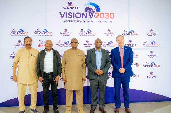 L-R: Group Vice President, Oil & Gas, Dangote Industries Limited, Devakumar Edwin; Chairperson, Government Employees Pension Fund (GEPF), Frans Baleni; President/Chief Executive, Dangote Industries Limited, Aliko Dangote; Deputy Chairperson, Public Investment Corporation (PIC), Dr Mongwena Maluleke; and Managing Director/Chief Executive Officer, Dangote Petroleum Refinery & Petrochemicals, David Bird, during the strategic visit of the leadership of GEPF & PIC to the Dangote Petroleum Refinery & Petrochemicals, Lekki, Lagos, at the weekend.