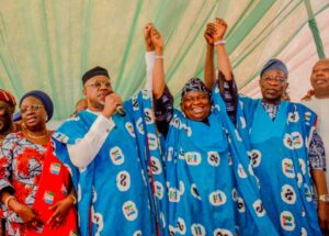 L-R: The Senator representing Ogun Central Senatorial District; Senator Shuaib Salisbury, Speaker, Ogun State House of Assembly; Rt. Hon Oludaisi Elemide,Deputy Governor of Ogun State; Engr. Noimot Salako-Oyedele, Governor Dapo Abiodun,All Progressives Congress Consensus Gubernatorial candidate; Senator Solomon Olamilekan Adeola and the state party Chairman; Chief Yemi Sanusi during the Strategic Stakeholders meeting of the All Progressives Congress,Ogun Central Senatorial District held inside the premises of the MKO Abiola Sports Arena on Thursday