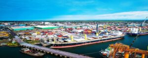 FREEPORT OF MONROVIA · Aerial view of port operations — vessels berthed and containers in transit at Liberia’s principal maritime gateway